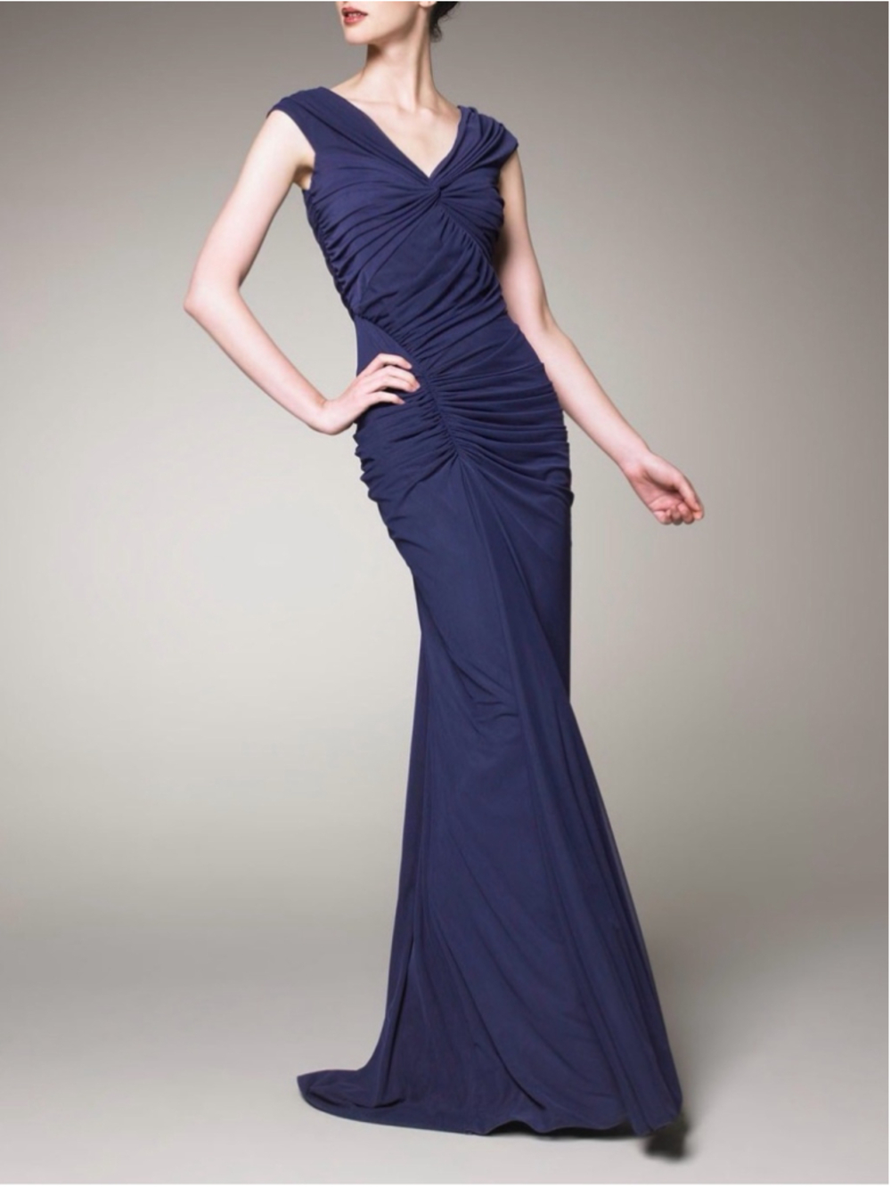 Tadashi Shoji Navy Ruched Mesh Evening Gown Dress Size M